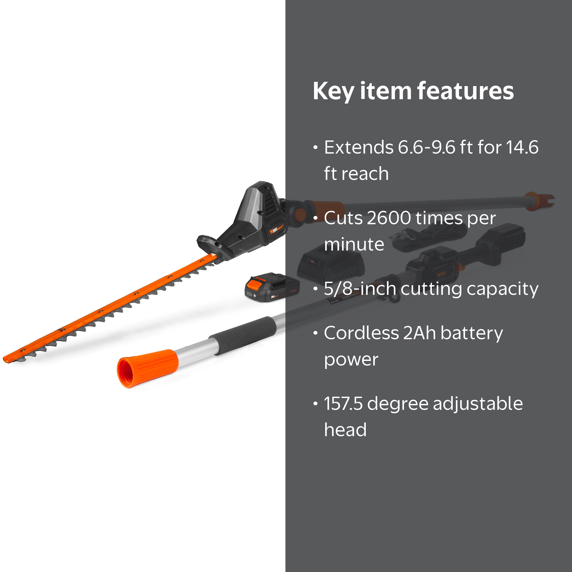 WEN 20V Max Cordless 20-Inch Hedge Trimmer Pole Saw with 14.6-Foot