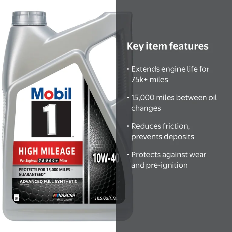 Mobil 1 High Mileage Full Synthetic Motor Oil 10W-40, 5 Quart