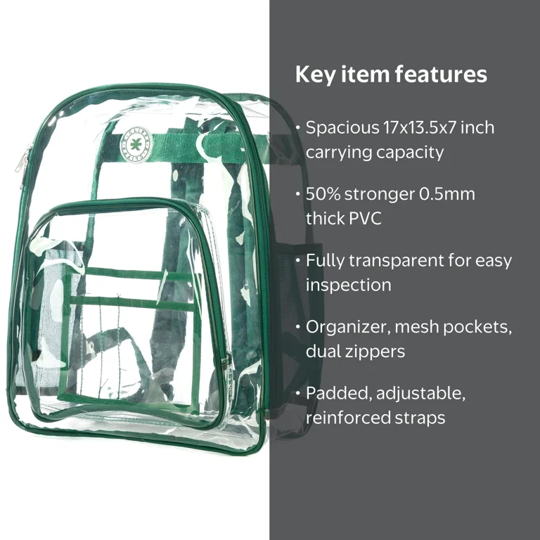 K-Cliffs Unisex Heavy Duty Clear Backpack with Green Trim