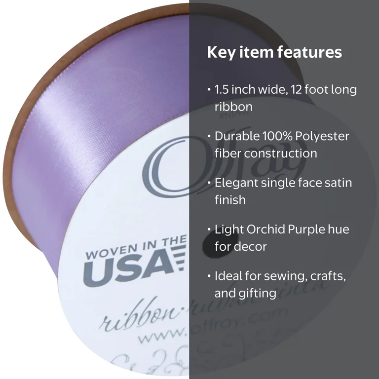 Offray Ribbon, Lt Orchid Purple 1 1/2 inch Single Face Satin