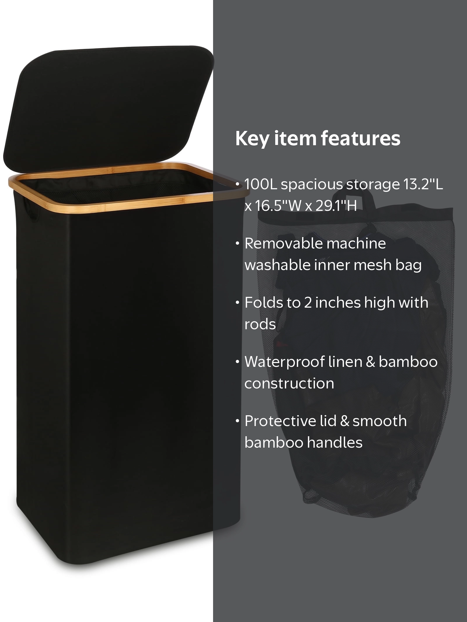 Efluky, Laundry Basket, 100L with Lid and Removable Bag, Black