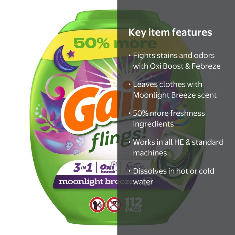 未開封Gain flings!3in1 38個入×4点 Gain Flings! Oxi & Febreze Laundry Detergent Pacs, Moonlight