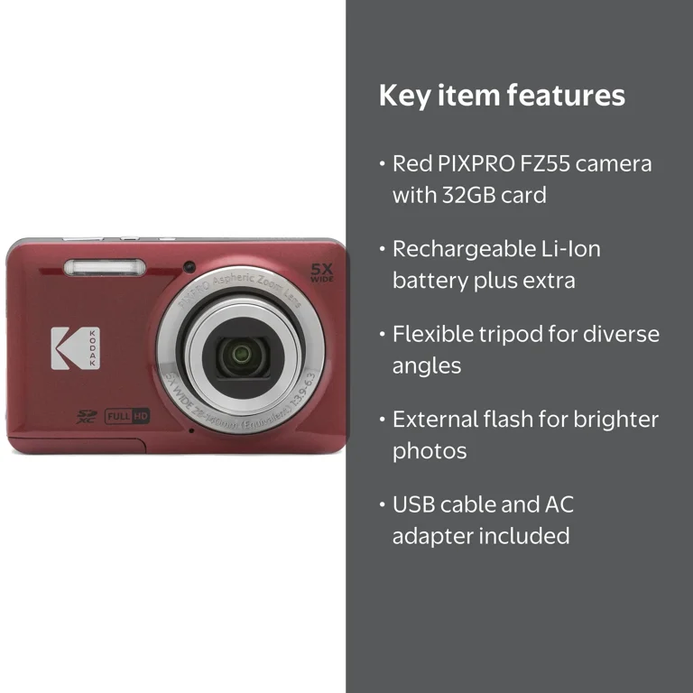 Kodak PIXPRO FZ55 Digital Camera (Red) + Extra Battery + 1 Yr