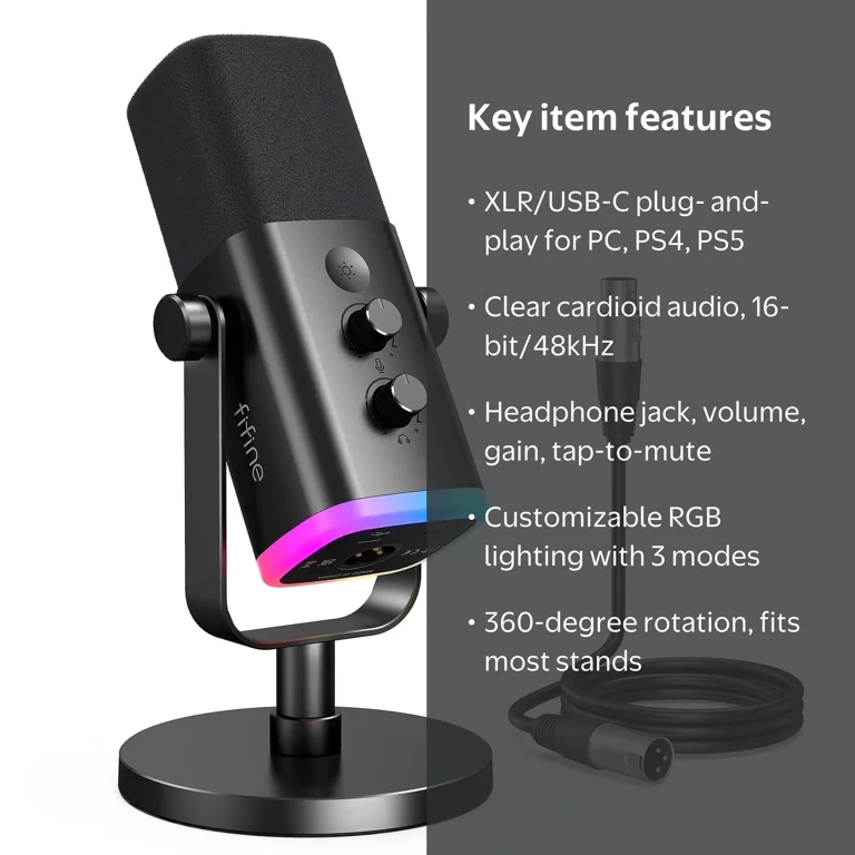 FIFINE AM8 XLR USB Microphone for PC PS5, Gaming Podcast, RGB