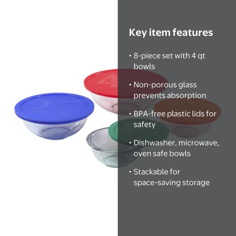 Pyrex 8-Piece Smart Essentials Mixing Bowl Set with Assorted Lids