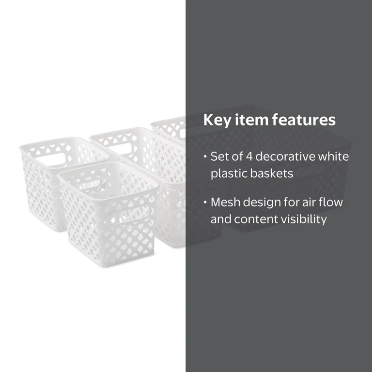 Mainstays White Decorative Storage Basket Set, 4-Piece Plastic