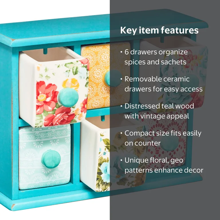 The Pioneer Woman Vintage Floral 6-Drawer Spice & Tea Box