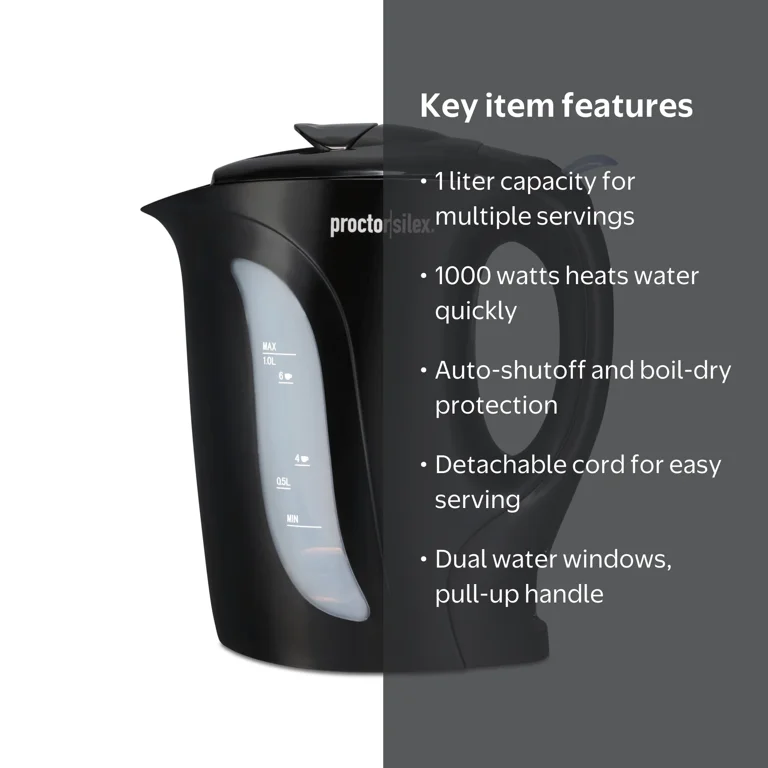 Proctor Silex Electric Kettle, Tea & Water Kettle with Detachable