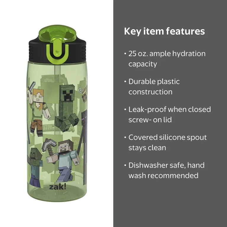 Zak Designs 25oz Minecraft Water Bottle - Plastic, Leak-Proof Lid