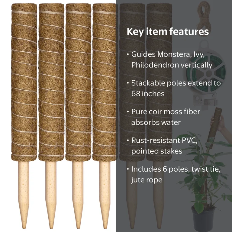 LANNEY 68 Inch Moss Pole for Climbing Plants, 6 Pack Natural Coir