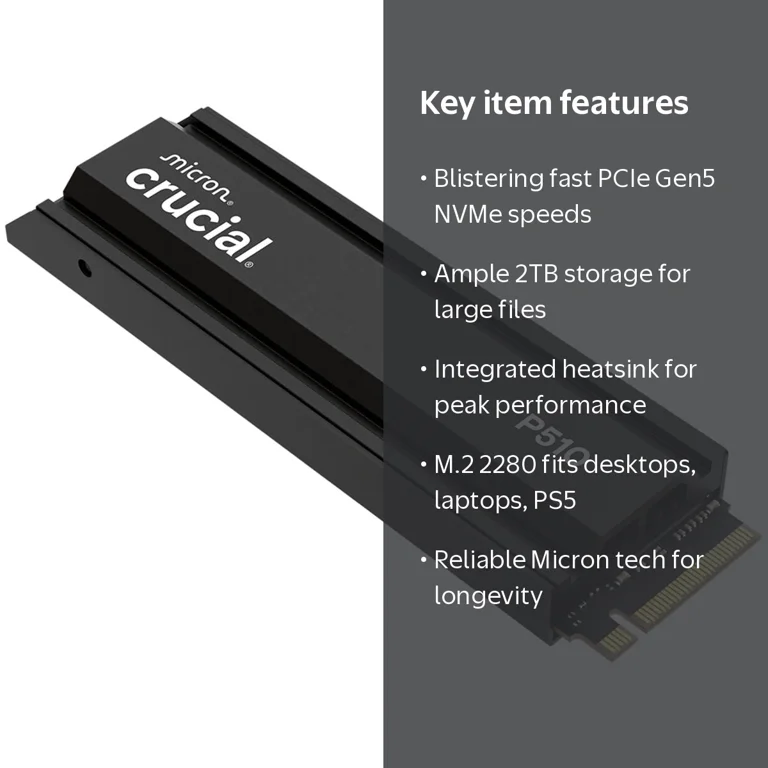 Crucial P510 2TB NVMe PCIe Gen5 M.2 2280 Internal Gaming SSD with
