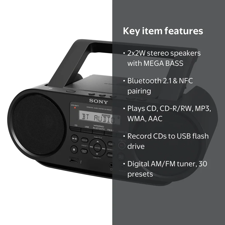 Sony Bluetooth Stereo CD/Radio Boombox with AM/FM, Headphone Jack
