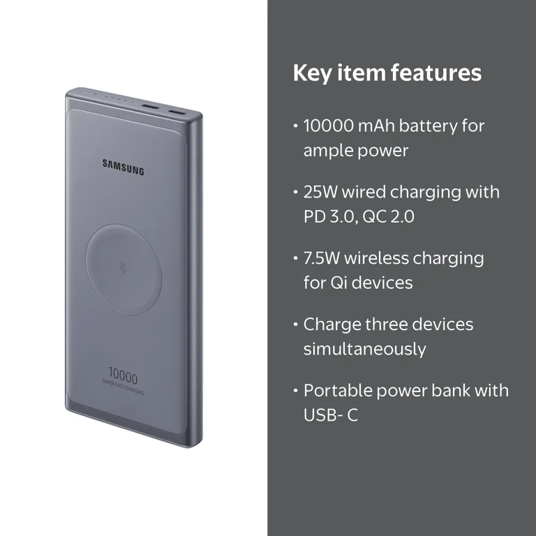 スマホアクセサリー Samsung Wireless Battery Pack 10,000mAh Samsung, Wireless Portable Battery, 10000mAh, 25W, Gray - Walmart.com