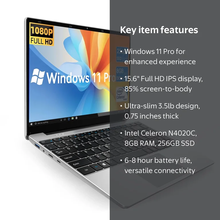 Temlicolo 14.1in Laptop, Windows 11 Pro, 8GB DDR4, 256GB SSD