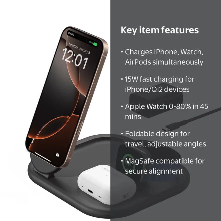 Belkin 3-in-1 MagSafe-Compatible Charger 15W, Foldable Qi2