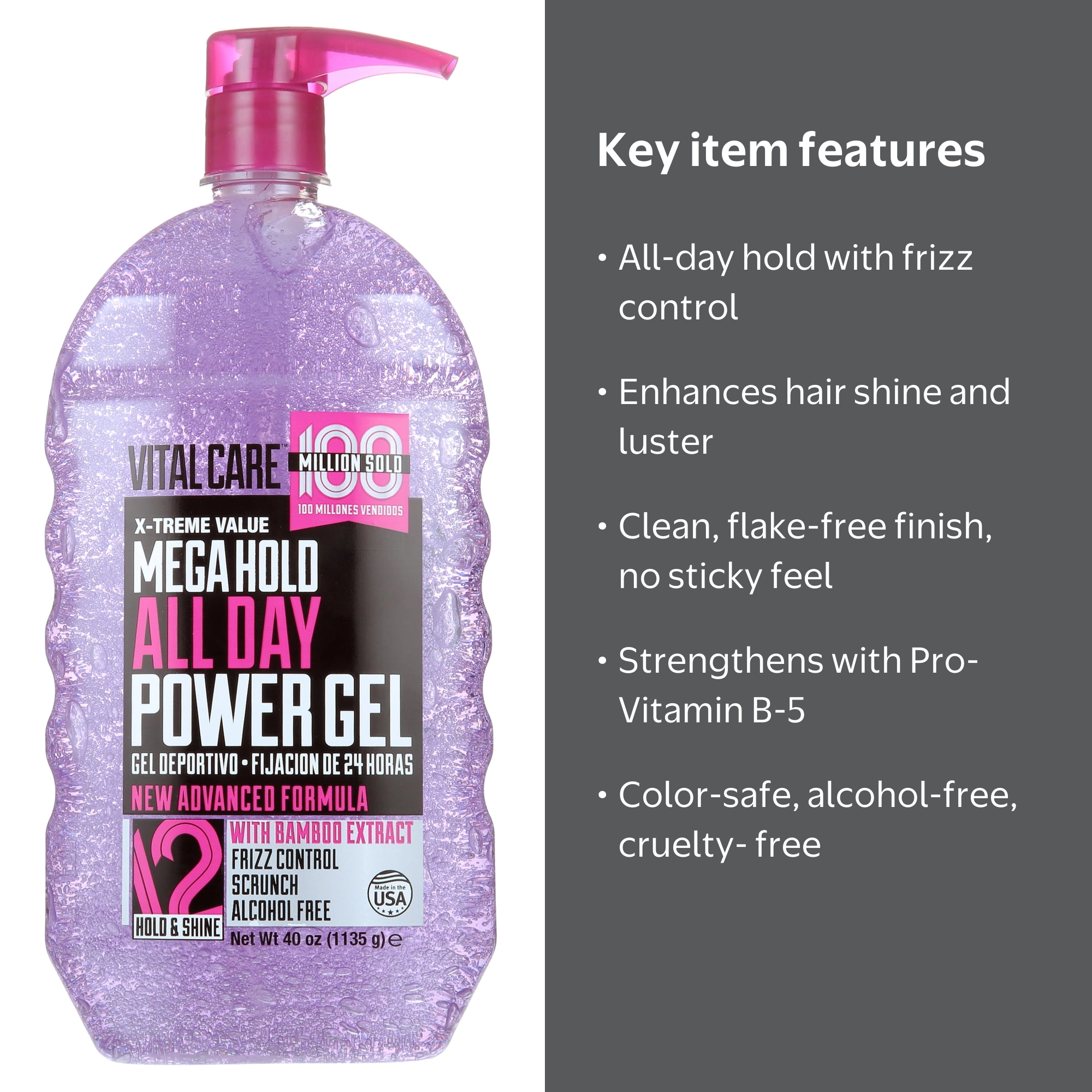 Vital Care Mega Hold Frizz Control Pump Hair Styling Gel, Shine