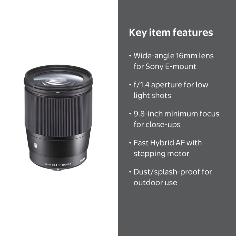 Sigma 16mm F1.4 DC DN Lens, Sony E Mount, Wide-Angle, f/1.4