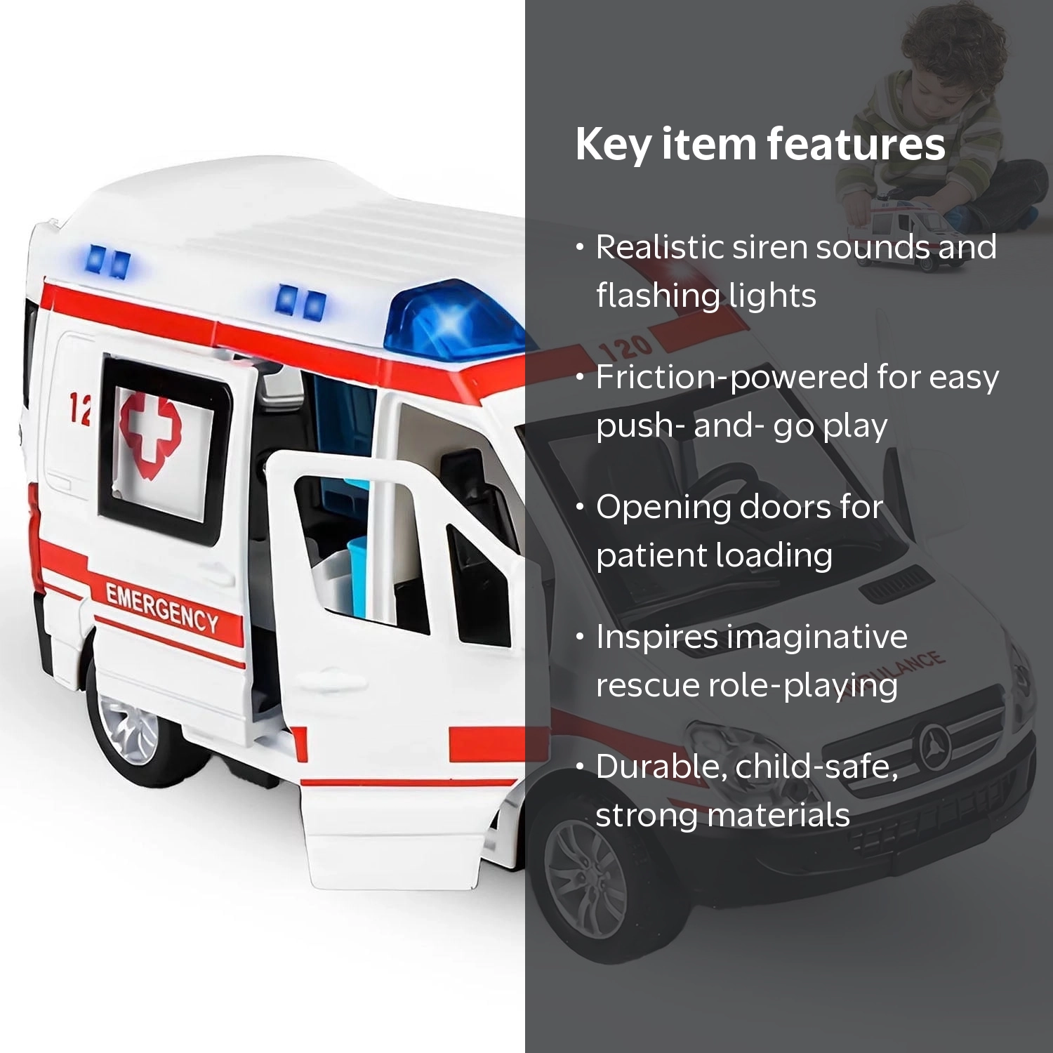 Fixdono Ambulance Toy Car, Friction Powered Mini Vehicle, Lights