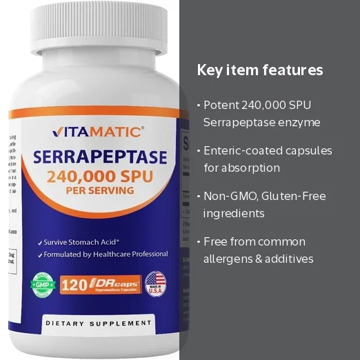 Vitamatic Serrapeptase 240,000 SPU Servings, 120 Delayed Released Capsules - Enteric Coated - Non-GMO & Gluten Free