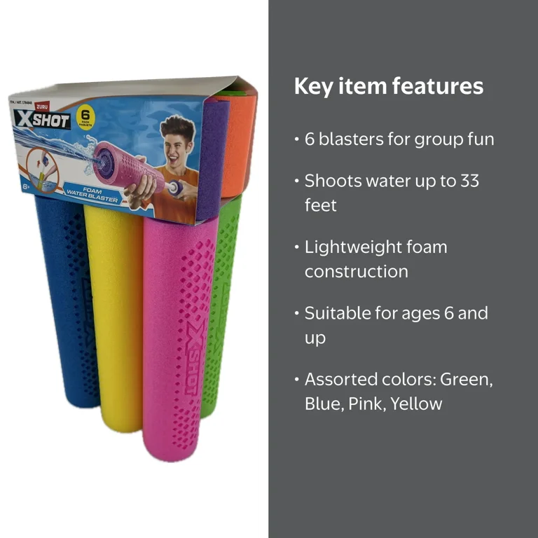ZURU X Shot Foam Water Blasters, 6 Pack, Shoots 33 Feet, Assorted