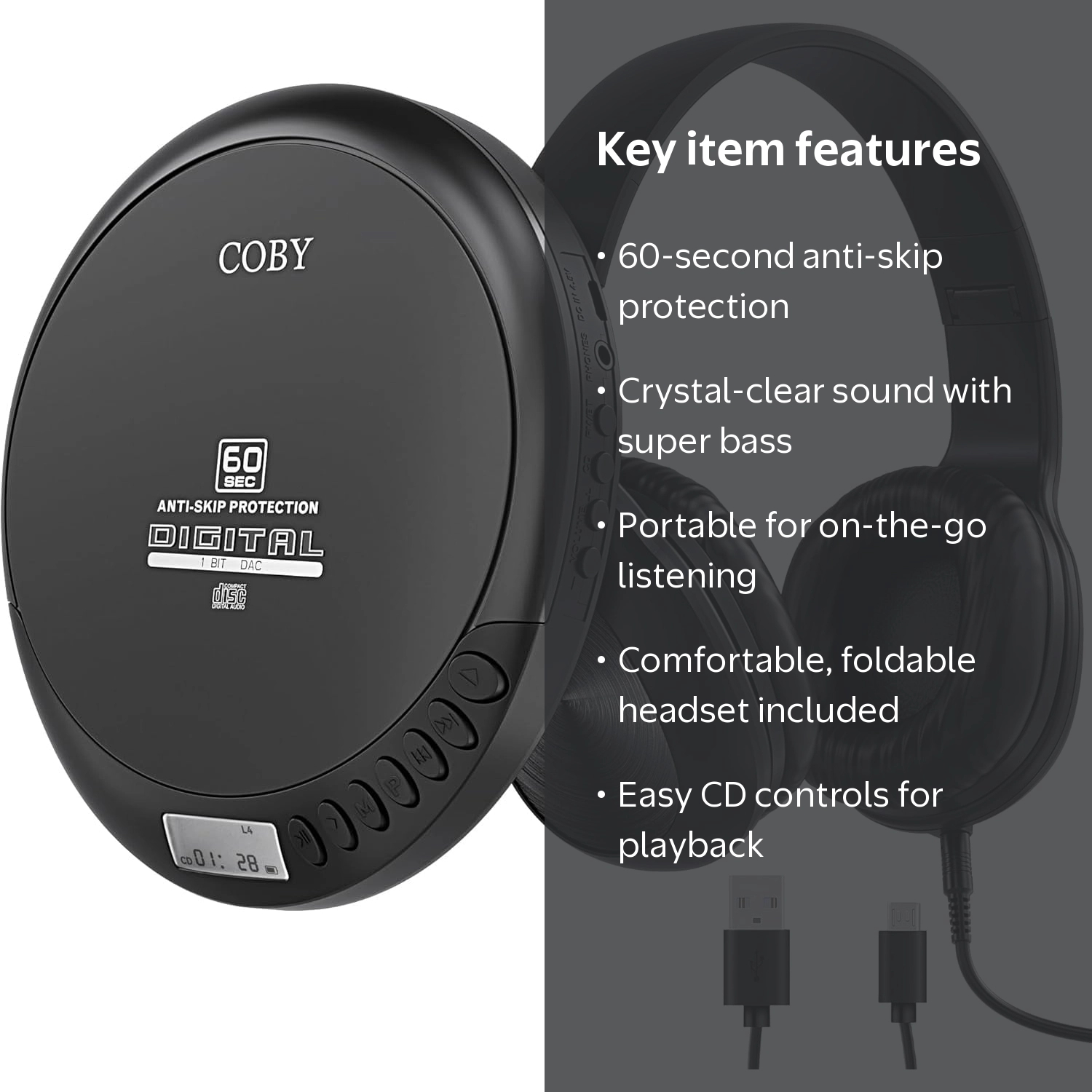 Coby, Portable CD Player, 60-Sec Anti-Skip, Foldable Headset