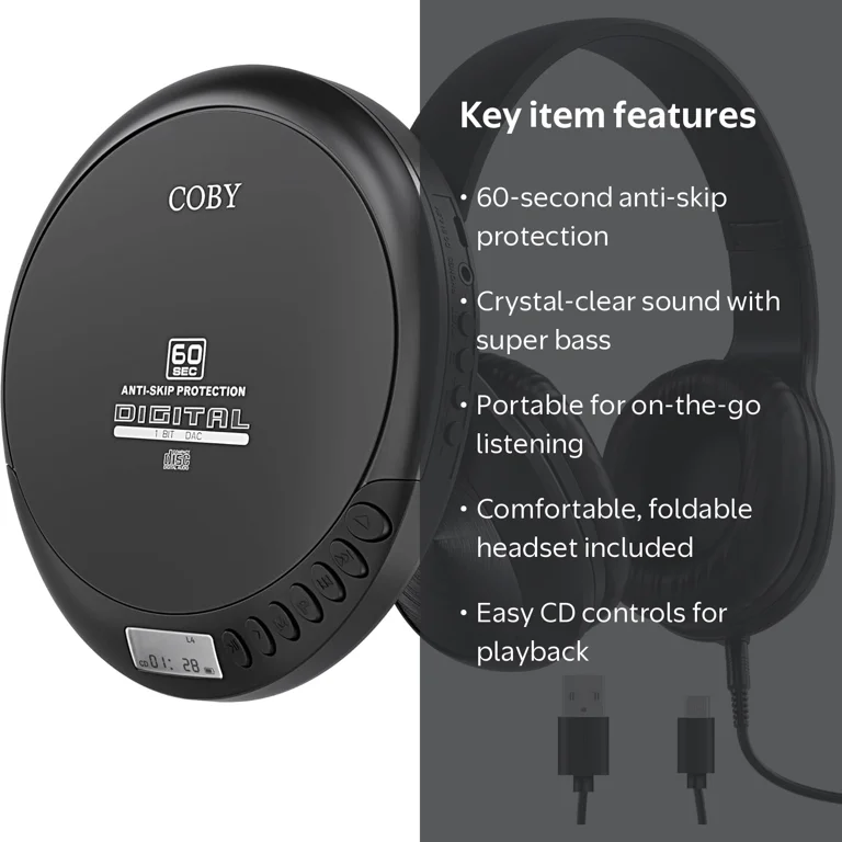 Coby, Portable CD Player, 60-Sec Anti-Skip, Foldable Headset