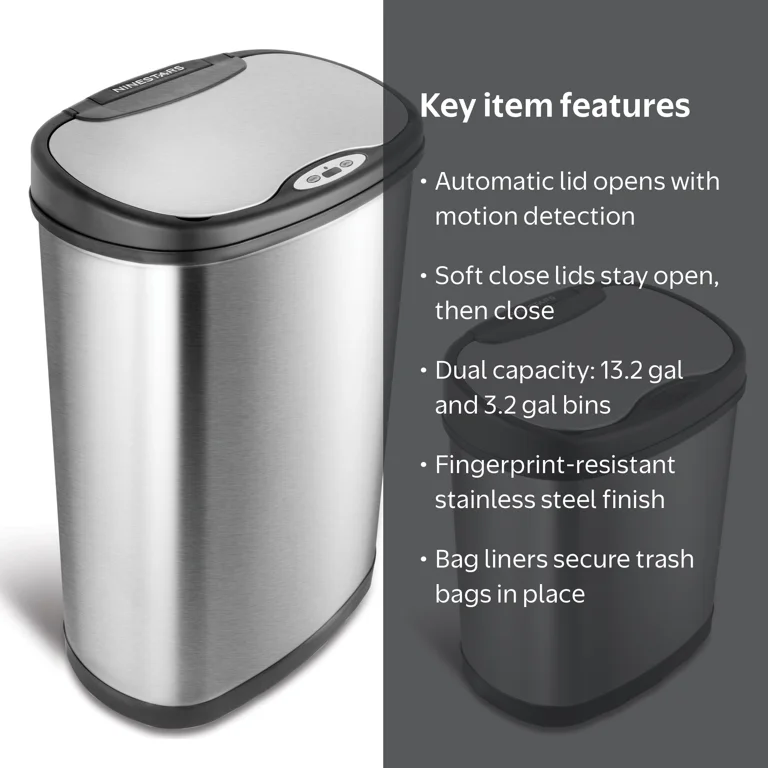 NINESTARS Touchless Trash Can Combo, 13.2 & 3.2 Gallon Stainless