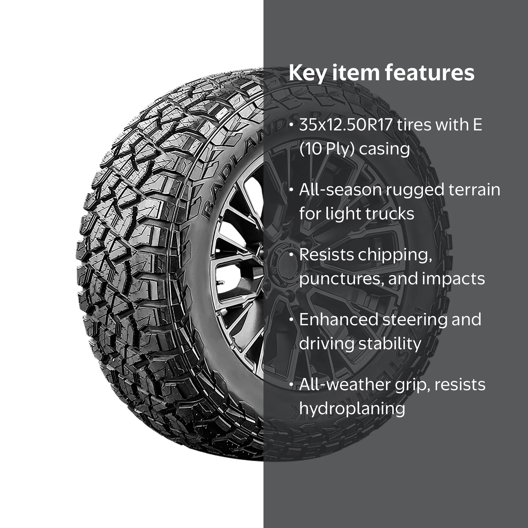 Mastertrack Truck Tire, Badlands RT LT 35X12.50R17, Load E 10 Ply