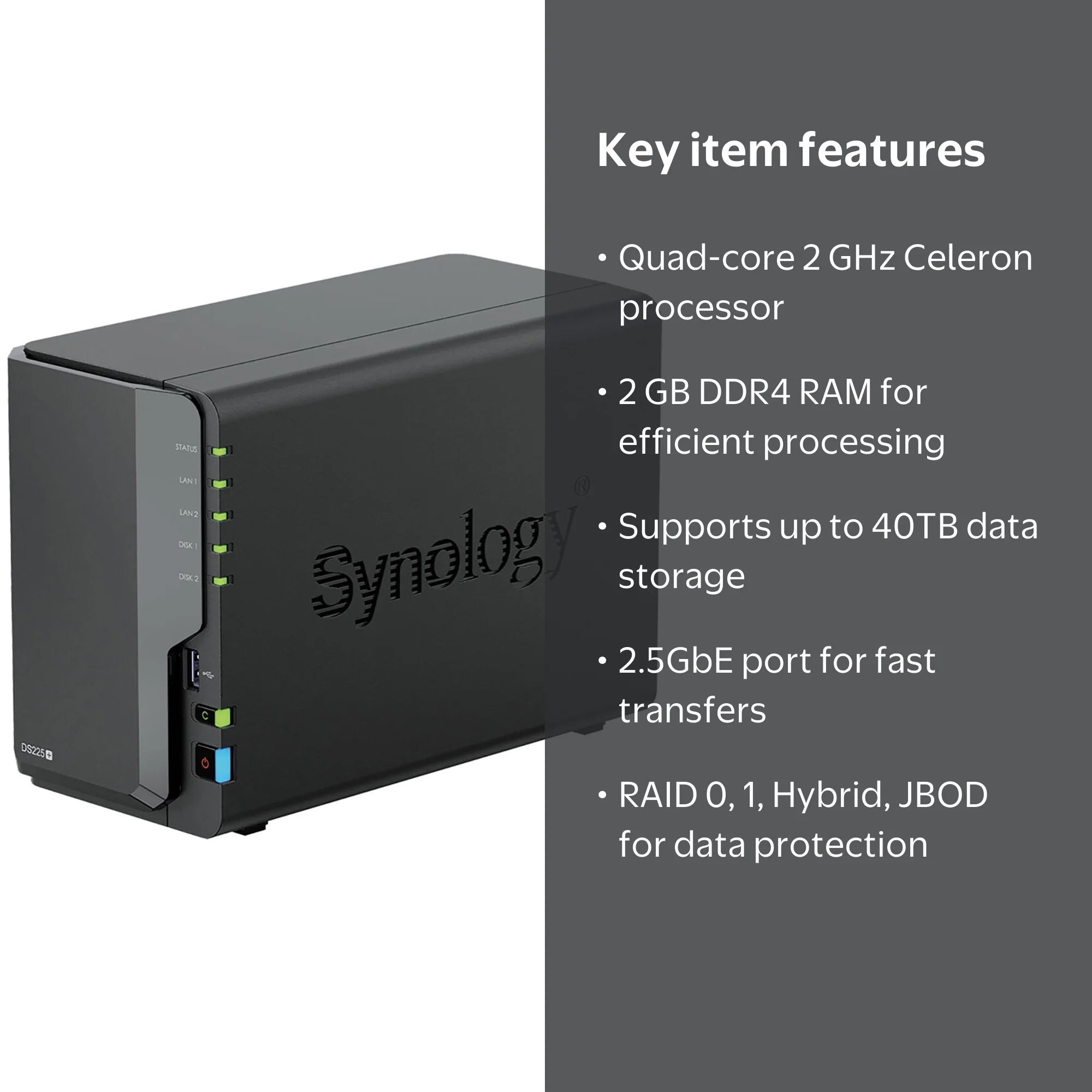 Synology DiskStation DS225+ 2-Bay NAS Enclosure, Diskless