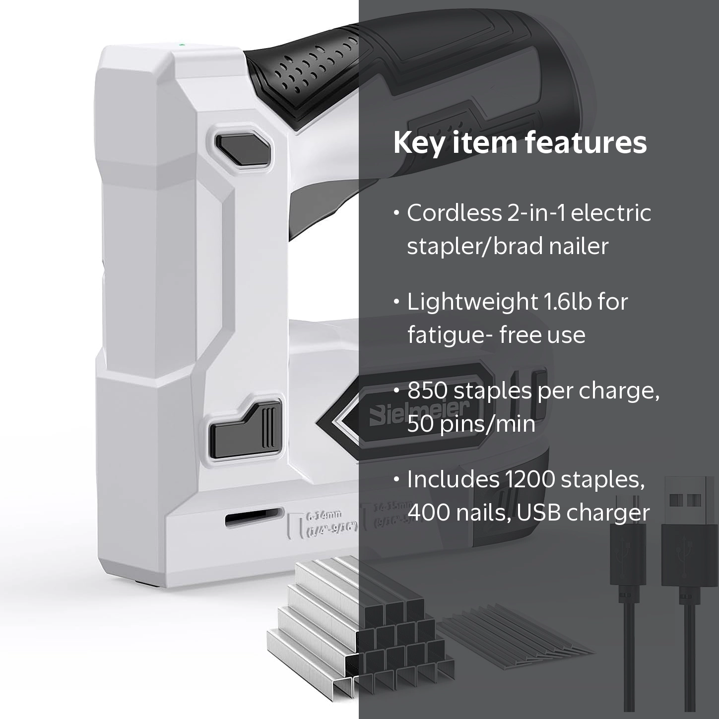 Bielmeier 2-in-1 Electric Staple Gun & Brad Nailer – 4V Cordless, With 1600 Staples/Nails, Staple Remover, Clips – For Upholstery, Carpentry, DIY – Rechargeable