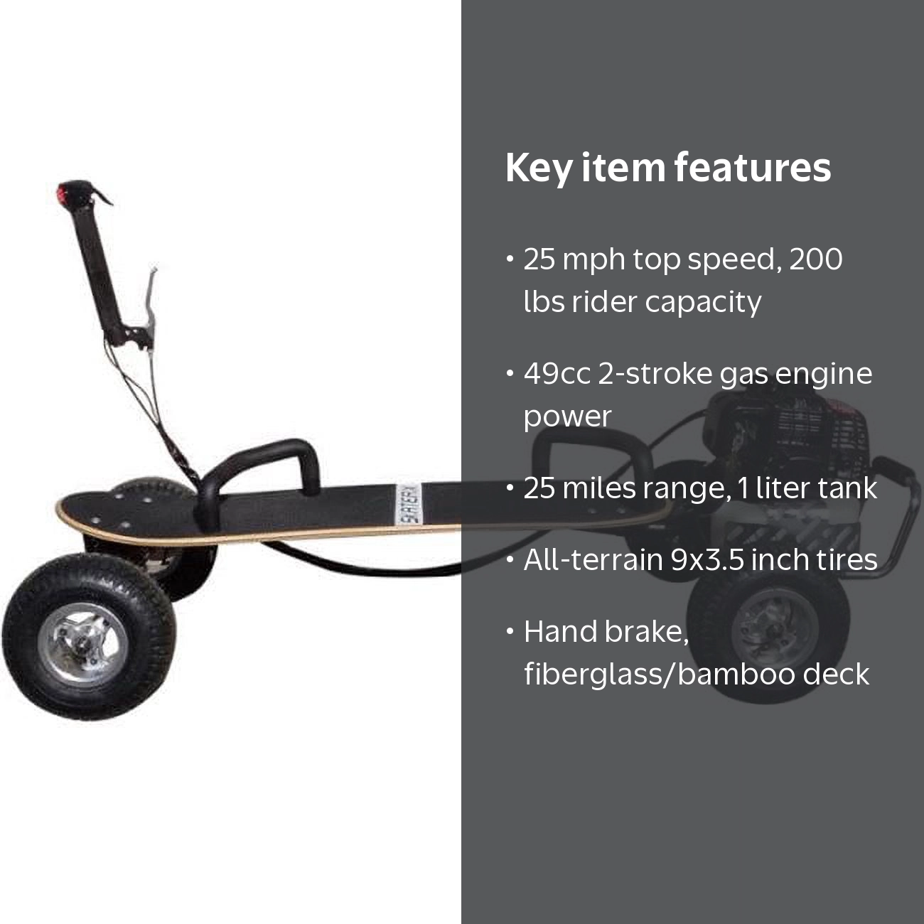 BigToys SkaterX 49cc Gas Skateboard, 25 mph, 50 lbs, Dual Sport