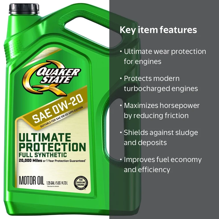 Quaker State Ultimate Protection Full Synthetic 0W-20 Motor Oil, 5