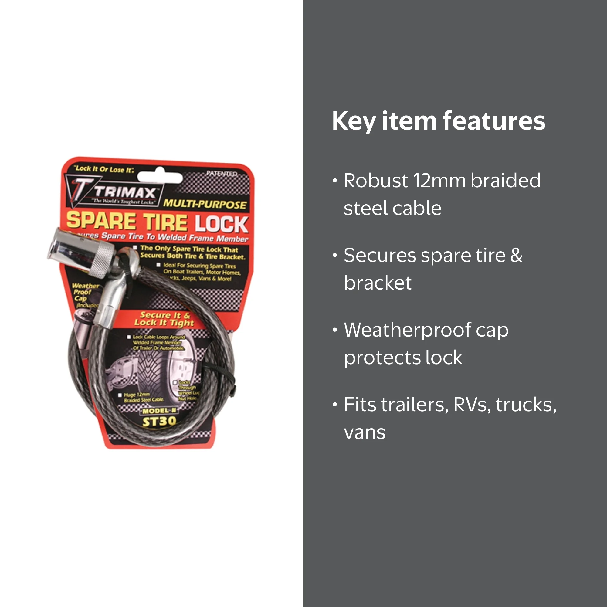 TRIMAX, Spare Tire Cable Lock, ST30, Braided Steel Cable - Walmart.com