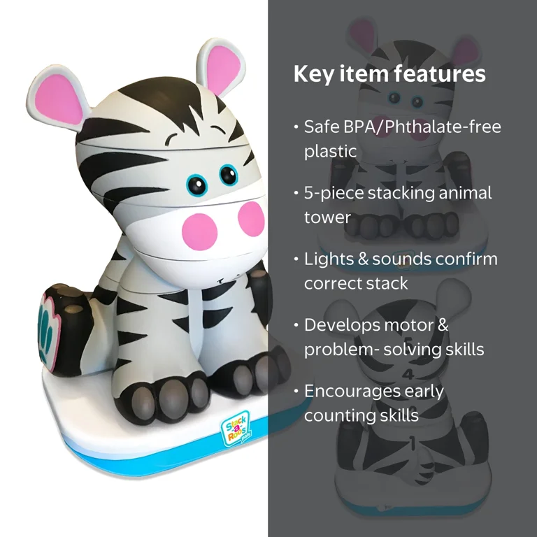 Stack-a-Roos Pals, Baby Zebra Stacking Toy, Lights & Sounds, 5