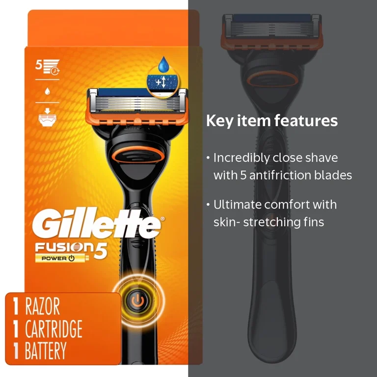 Gillette, Fusion5 Power Men's Razor Handle, Orange, 1 Blade Refill