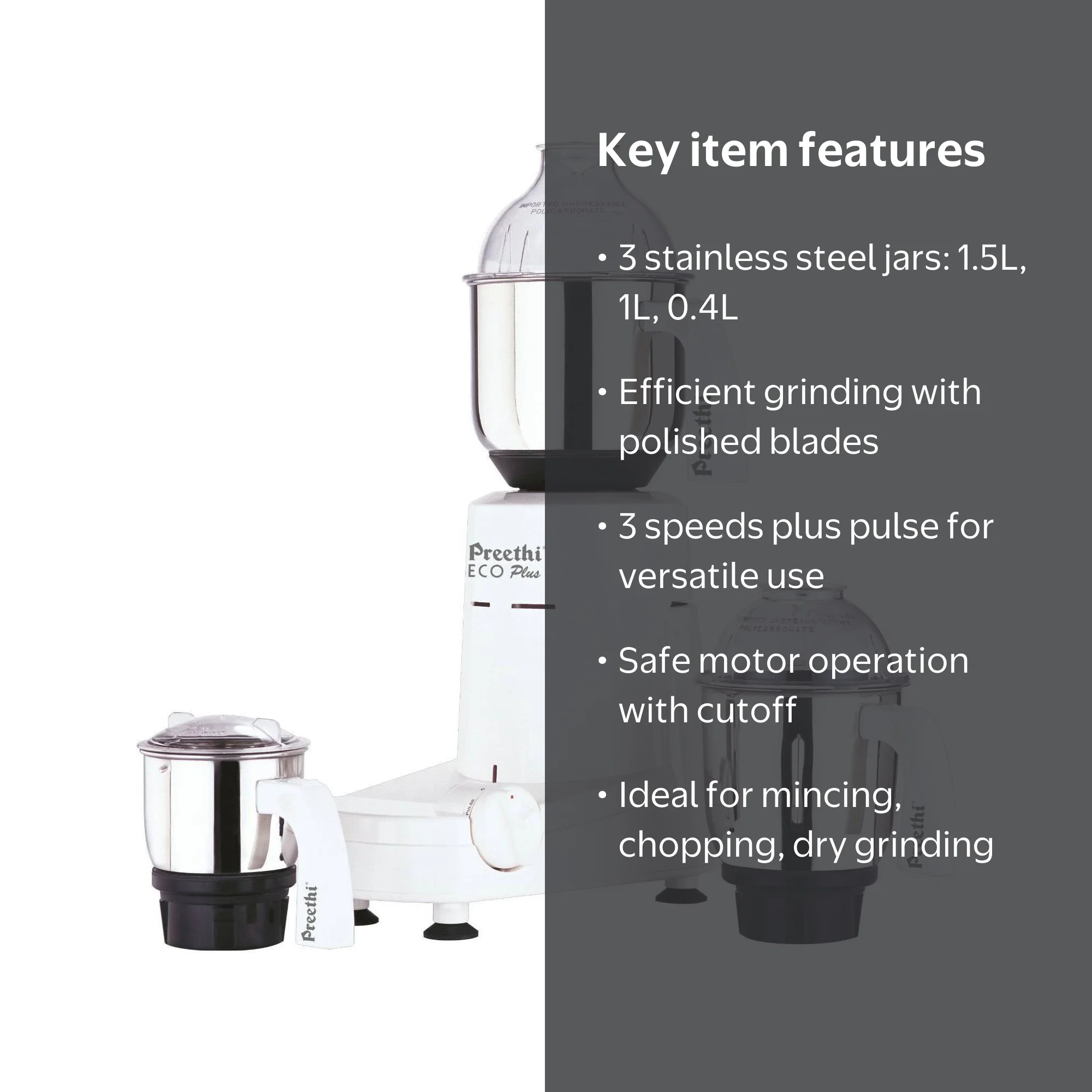 Preethi Eco Plus Kitchen Mixer Grinder - Dry Spice Grinding, 3