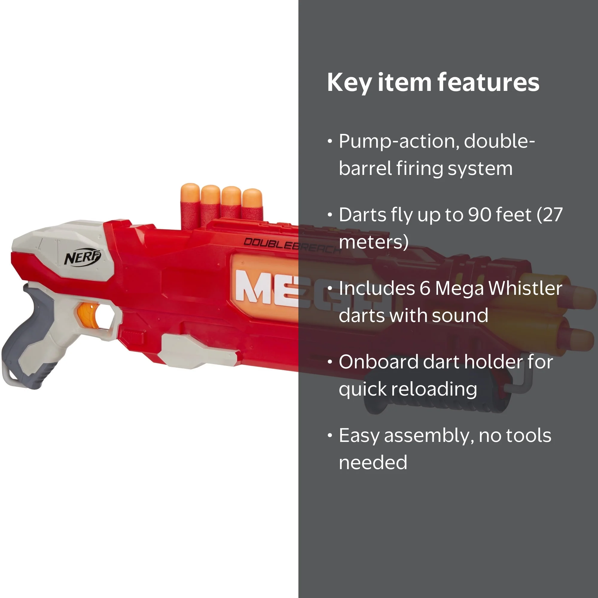 Nerf N-strike Mega Doublebreach Blaster, Includes 6 Mega Whistler