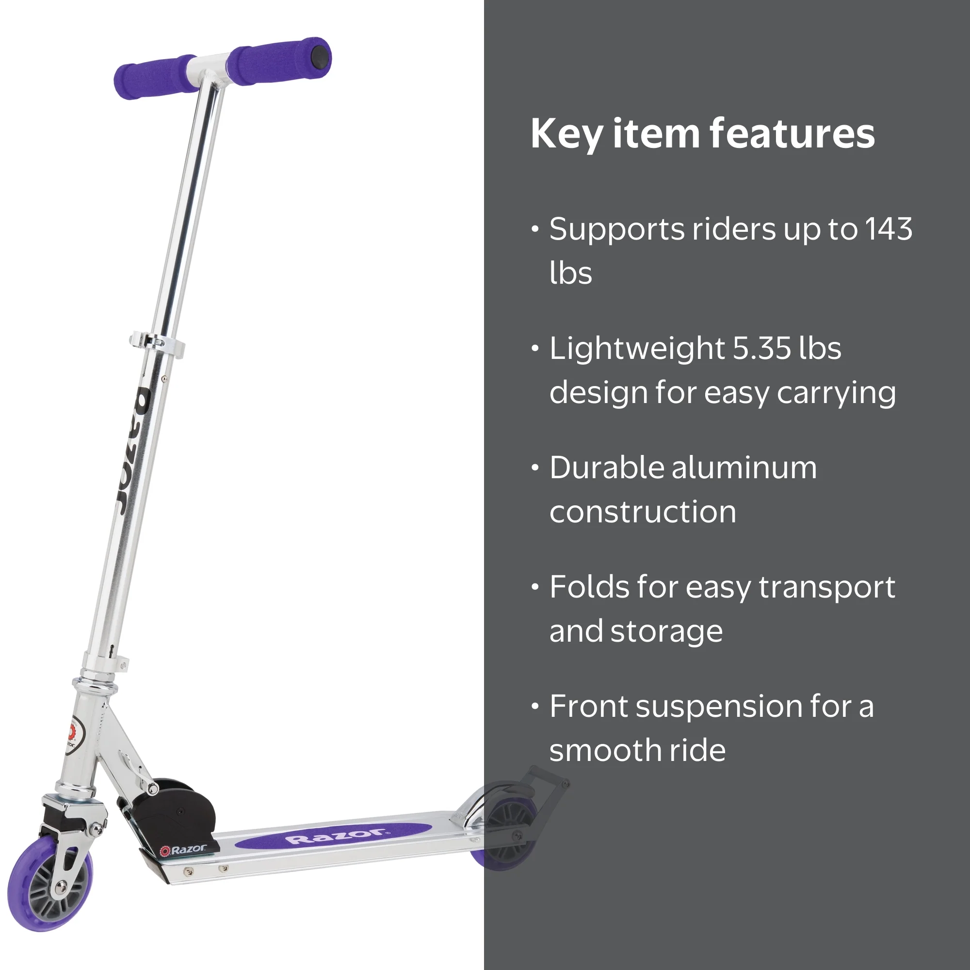 Razor A2 Kick Scooter – Purple, Wheelie Bar, Foldable, Lightweight