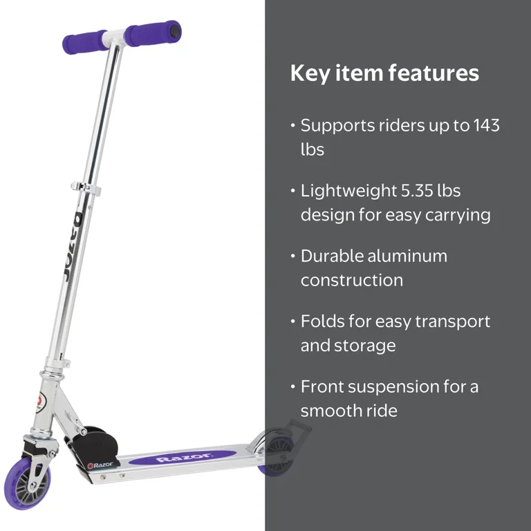 Razor A2 Kick Scooter – Purple, Wheelie Bar, Foldable, Lightweight