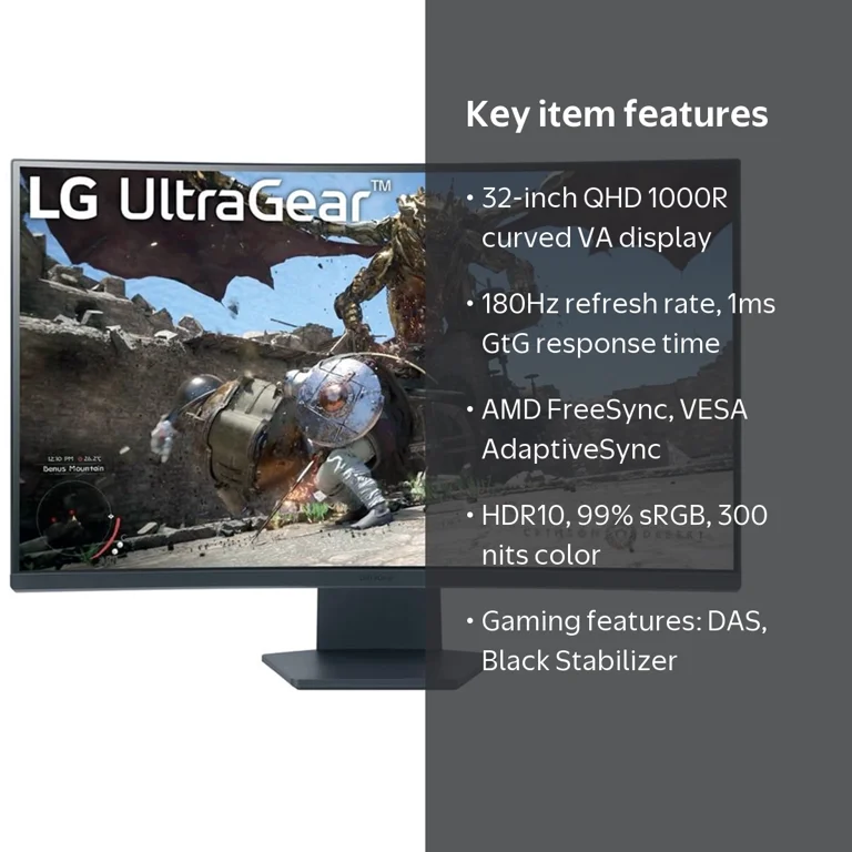 LG, Gaming Monitor, 32'' UltraGear Curved, QHD, 180Hz, 1ms