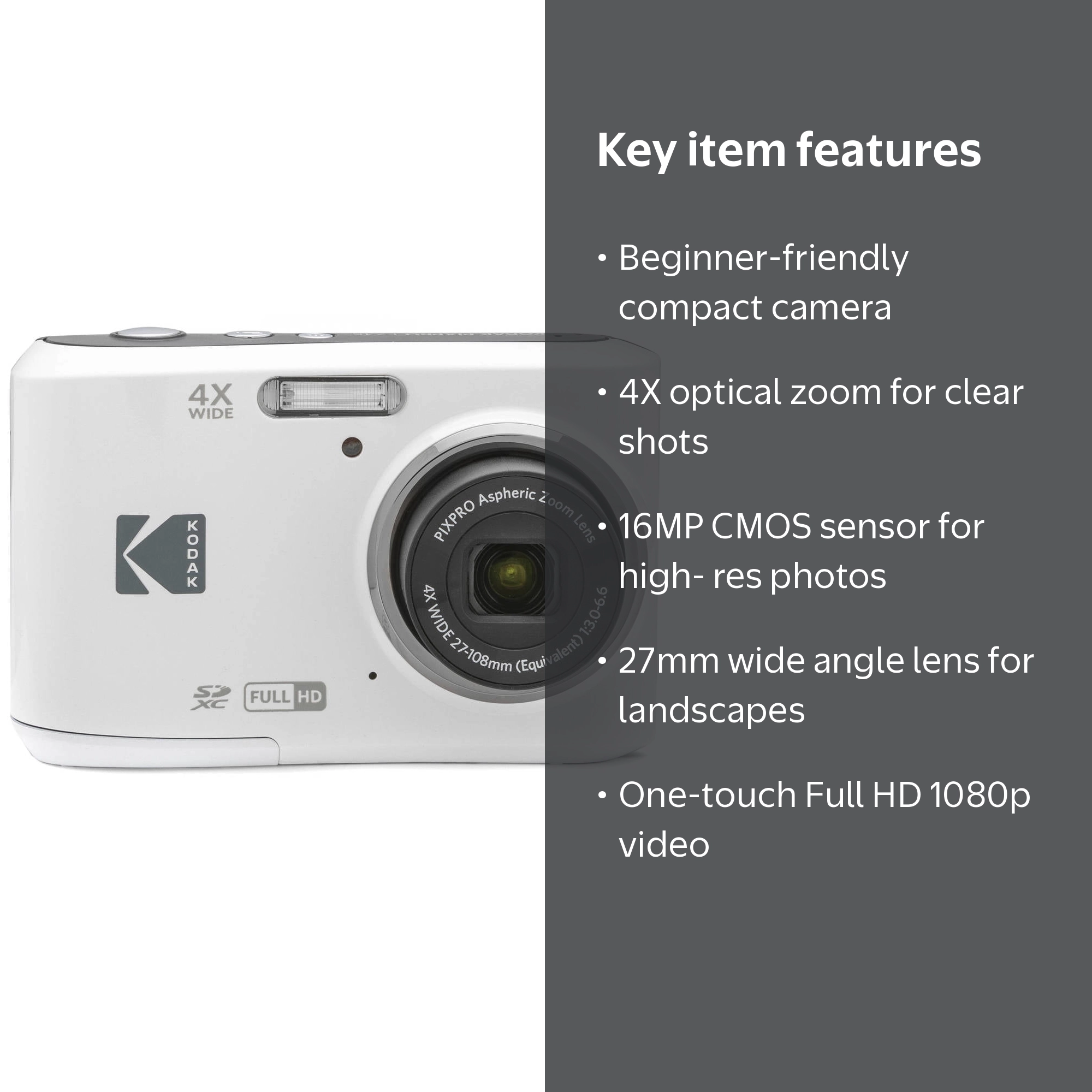 KODAK PIXPRO FZ45 Friendly Zoom Digital Camera - White, 16MP