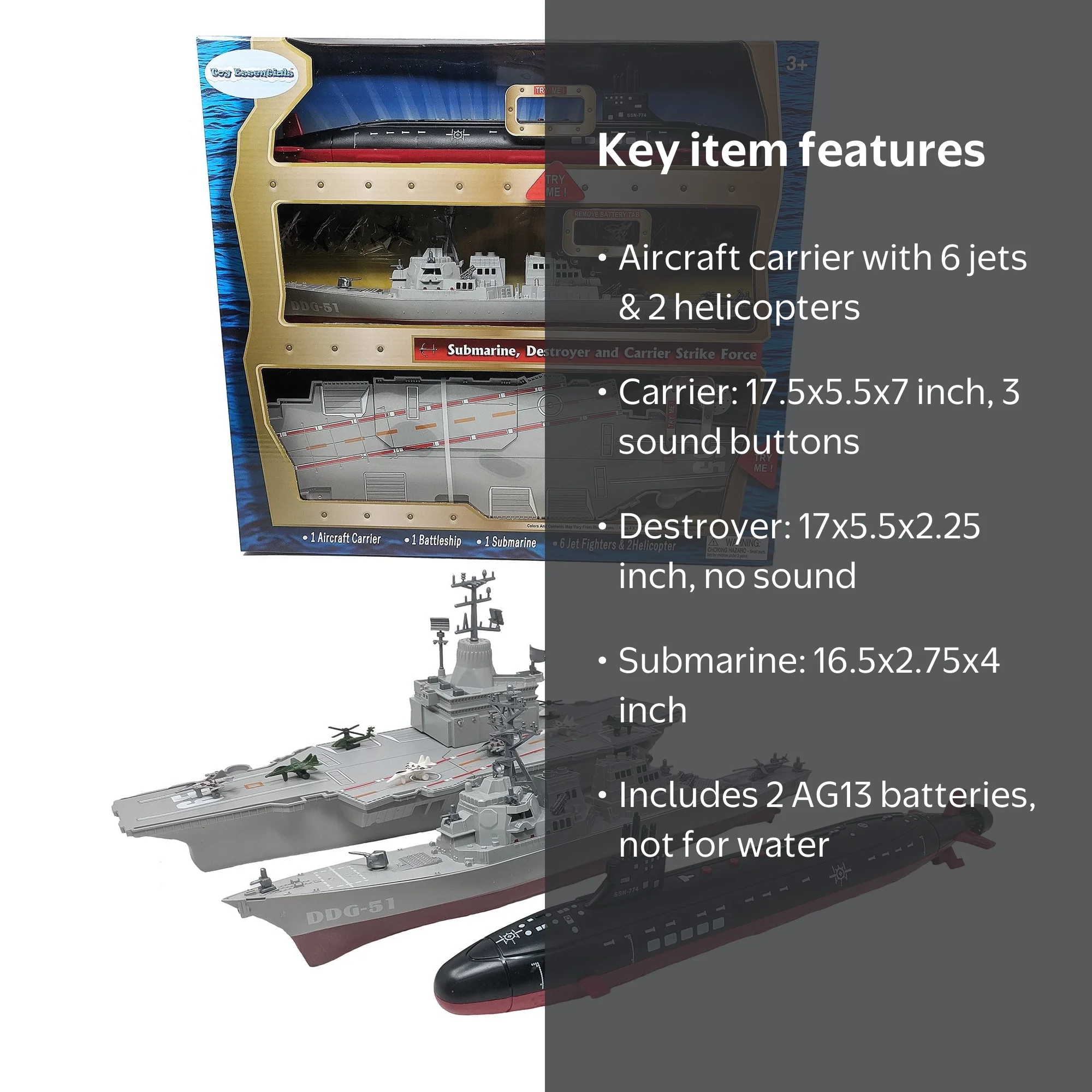 Toy Aircraft Carrier Submarine and Battleship Combo with 8 Mini