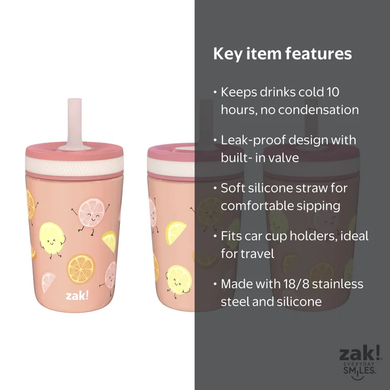 Zak Designs 12oz Toddler Cups, Stainless Steel Sippy Cups With