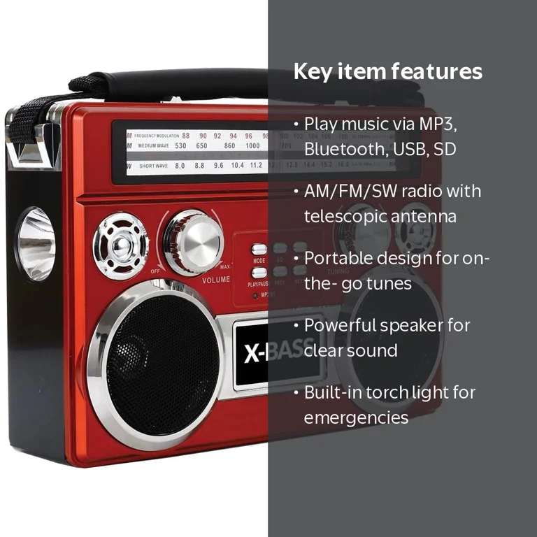 Supersonic, 3 Band Radio with Flashlight, SC-1097BT-RED, Portable
