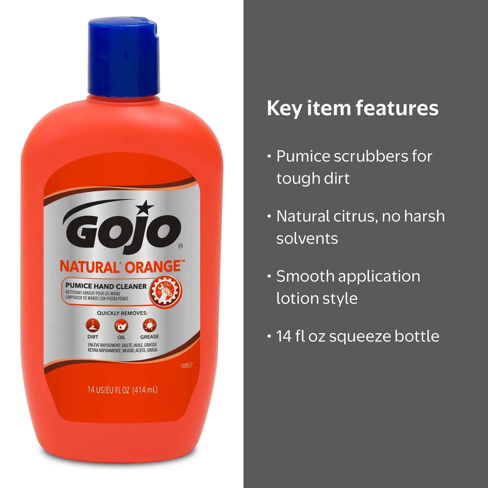 GOJO NATURAL ORANGE Pumice Hand Cleaner, 14 fl oz Squeeze Bottle