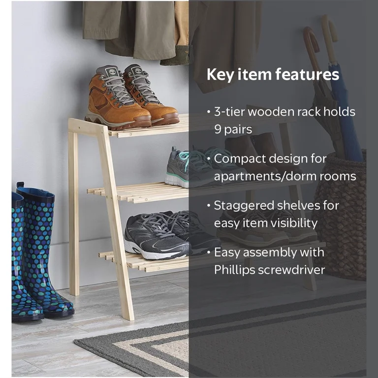 Whitmor 3-Tier Wooden Shoe Rack, 9-Pair Capacity, Natural Pine