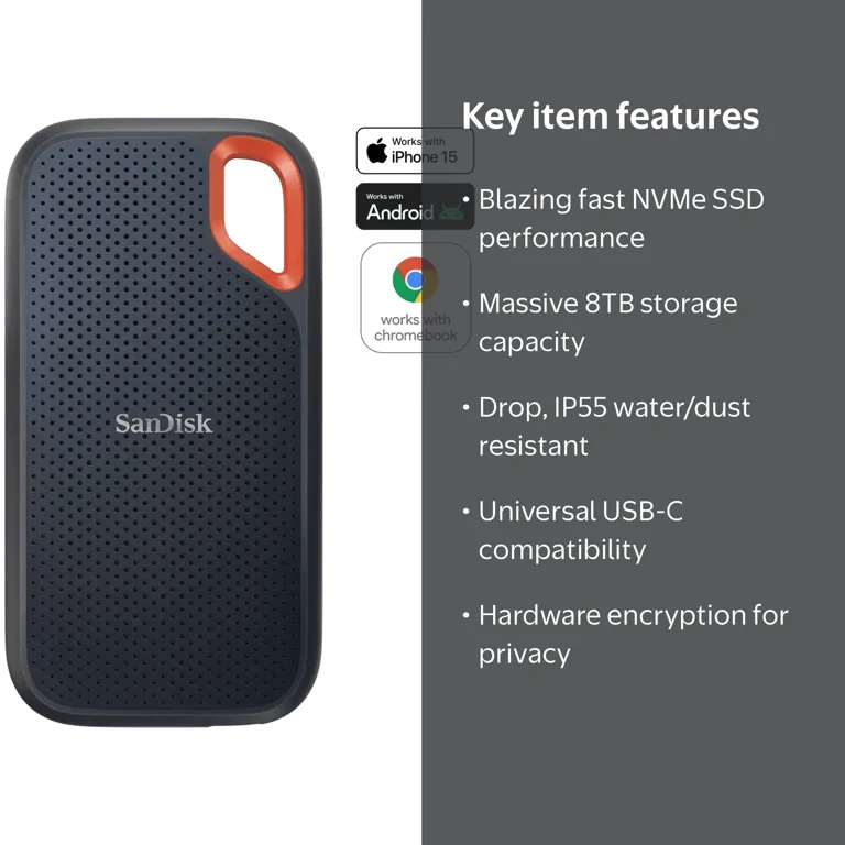 SanDisk, External Solid State Drive, 8TB, Portable High-Capacity