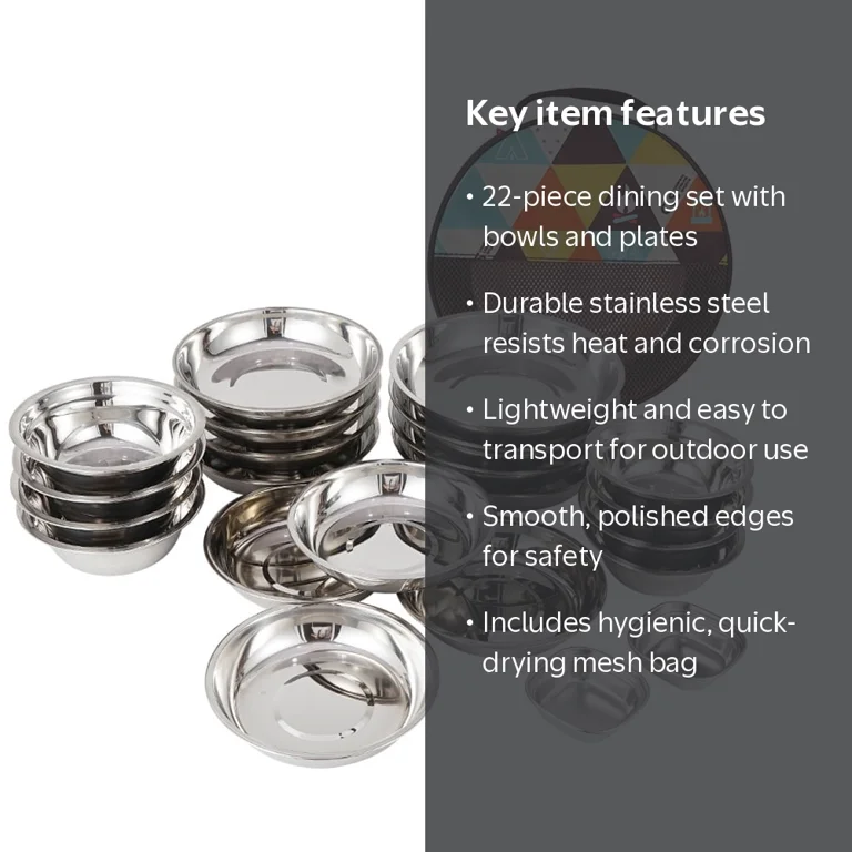 CLS 22PCS Stainless Steel Camping Dinnerware Set, Plates, Bowls