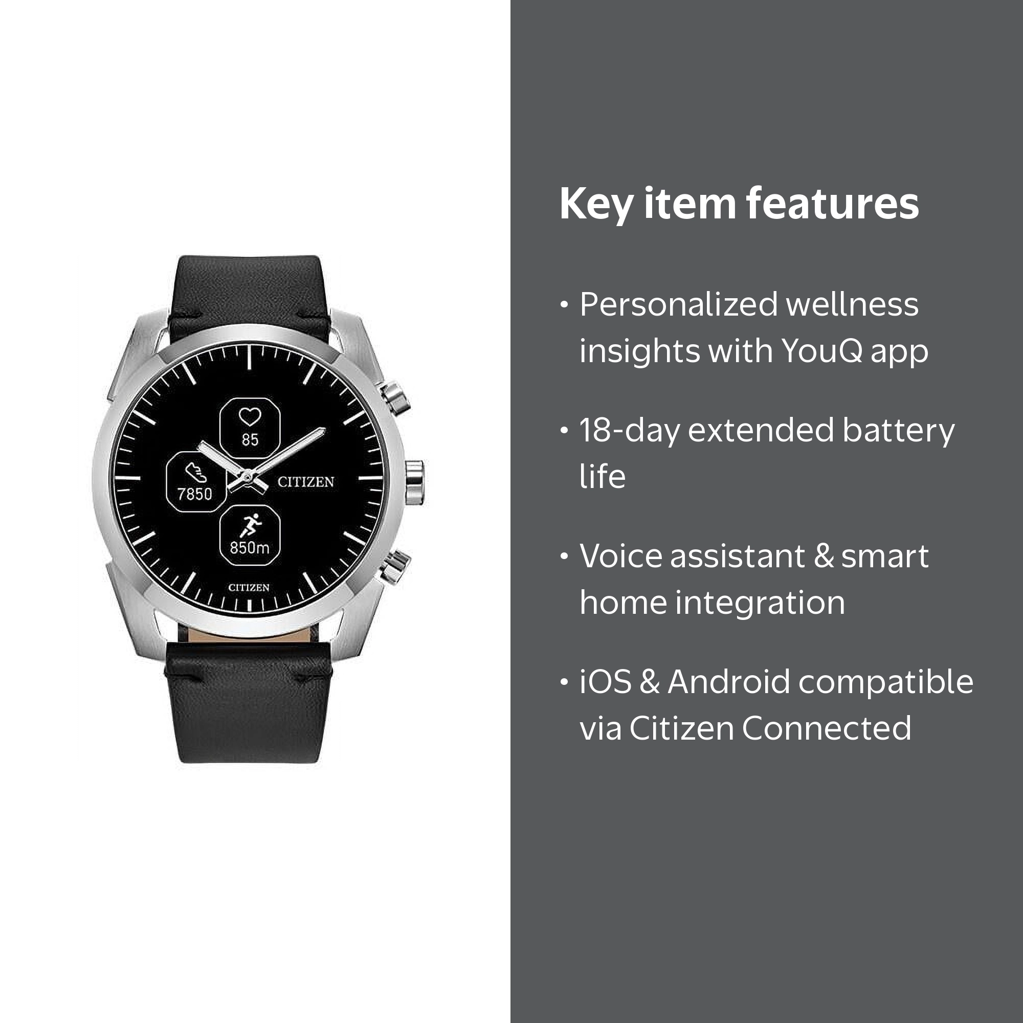 Citizen CZ Smart Hybrid Black Silicone Sport Smart Watch 42mm