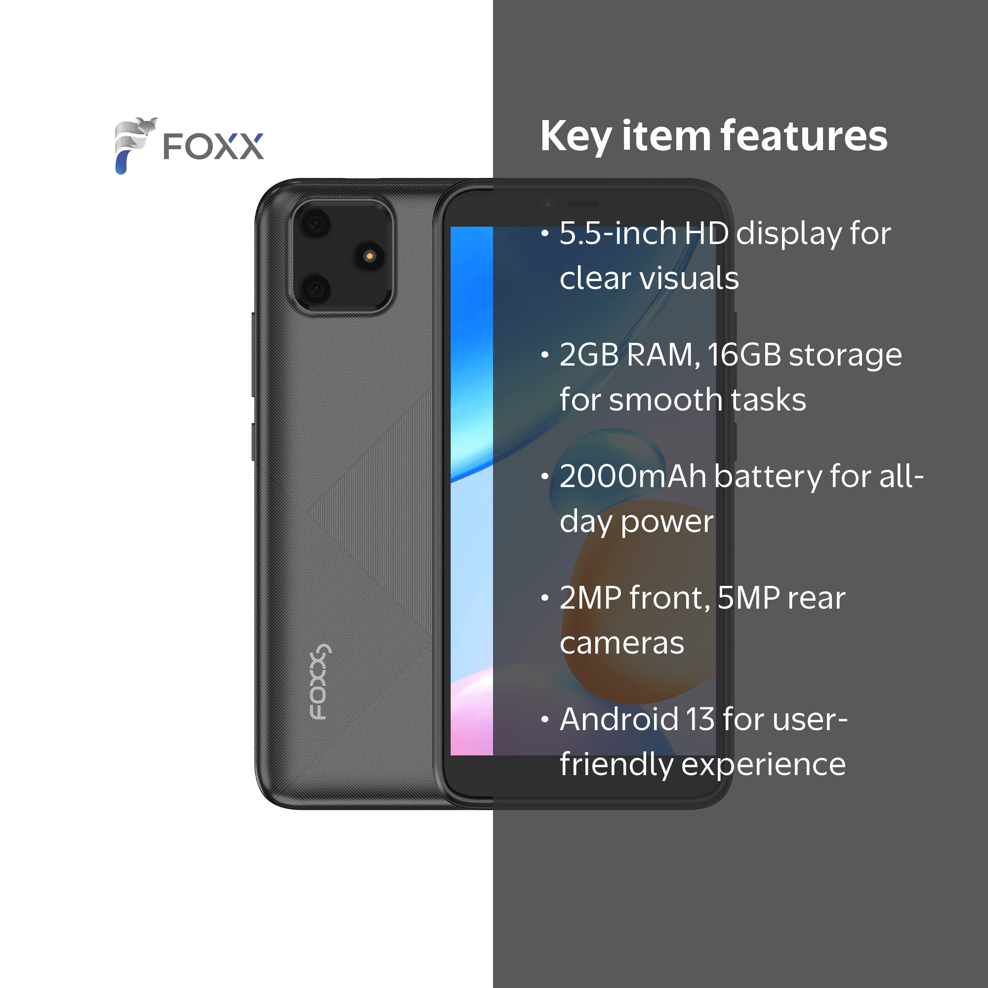FOXXD Unlock A56 Smartphone, 5.5-inch HD display, 2GB RAM, 16GB